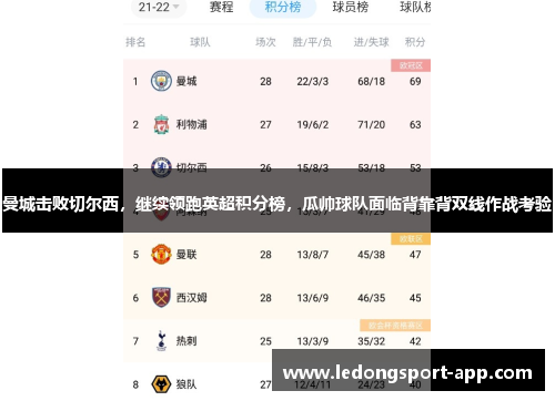 曼城击败切尔西，继续领跑英超积分榜，瓜帅球队面临背靠背双线作战考验